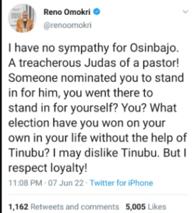 “Treacherous Judas Of A Pastor” – Reno Omokri Attacks VP Osinbajo Amid Ongoing APC Primary; Says He Betrayed Tinubu