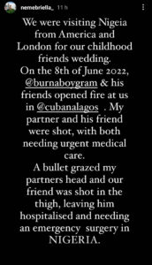Woman whose partner was shot after she refused Burna Boy's advances in a Lagos club recounts what transpired1