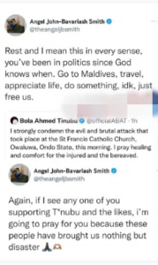 “You Brought Us Disaster, Leave Us Alone” – Bbnaija’s Angel Smith Slams Tinubu Over His Condolence Message to Victims of Ondo Church Massacre 