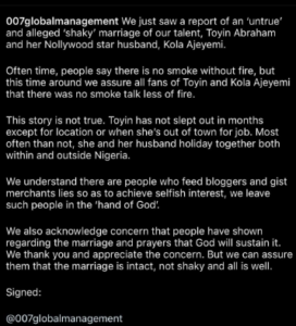 Actress, Toyin Abraham’s Management Opens Up On Her Alleged Marital Crisis