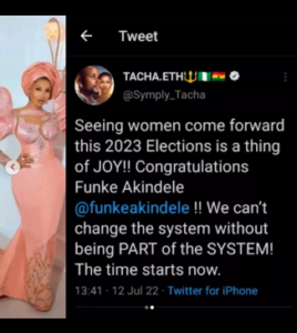 "Seeing Women Come Forward This 2023 Elections Is A Thing Of Joy" - BBNaija Star, Tacha Congratulates Funke Akindele
