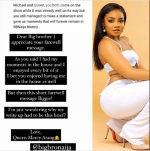 “But Then This Short Farewell Message” - Queen Atang Reacts To Biggie’s Farewell Letter To Her Ahead Of BBNaija Season 7