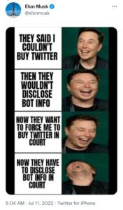 Elon Musk, has reacted to news of Twitter hiring a law firm to sue him for terminating of $44 billion deal to takeover the number one social media in the globe, by sharing a meme.