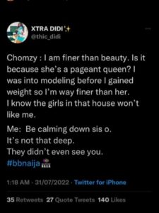 "It's Not By Being A Beauty Queen, I'm Finer Than Beauty"- Bbnaija Housemate, Chomzy Says 