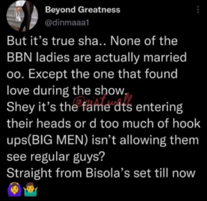 “Straight From Bisola Set Till Now” - Lady Wonders Why None Of Ex- Bbnaija Female Housemates Are Yet To Get Married 6