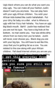 “Ugly Bl@Ck Wh0re. Play With Your Ugly African Children, Justin Will Never Accept You” – Korra Obidi Shares Hateful Message From Racist