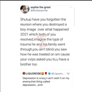 “Shut Up! You Destr0yed Emmanuel’s Image Over What Happened IN 2021 Which Both Of You Resolved” - Twitter User Drags Liquorose To Filth For Talking About Depression