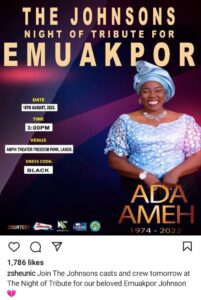 "You Will Forever Live In Our Hearts"- 'The Johnsons' Pay Tribute To Late Ada Ameh (VIDEO/Photos)