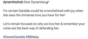 "Let's Not Lose Focus On Why We Love Her, Votes Is The Best Way Of Defending Her"- Bbnaija Daniella's Management Speaks As Netizens Continue To Dr@g Her