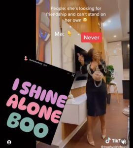 "I Shine Alone", Reality Tv Star, Chichi Replies Troll Who Slammed Her For Forcing Her Friendship With Phyna..  Big Brother Naija level up housemate and finalist, Chichi has blasted a troll who slammed her for forcing her friendship with Phyna.  In a latest interactive session she had with her fans on her Tiktok handle, a troll blasted her for forcing her relationship with Phyna.  The troll wrote;  "She's looking for friendship and cannot be on her own 🙄".  Reacting to the troll statement to her , she replied with the wrote;  "I shine alone boo".  It could be recall during the just concluded Big Brother Naija show, Phyna and Chichi were good friends during the show and towards the end of the show they had a misunderstanding between themselves because Chichi was shouting Groovy's name on bed while sleeping despite the fact he was evicted and this led to a quarrel between the both of them but they settled it amicably between themselves.