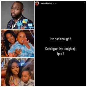 Singer, Davido Baby Mama , Larissa Reacts Following Delivery Of G Wagon  To Chioma, Set  To Reveal Challenges She Is Passing Through.