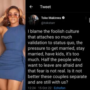 Popular Nollywood actress, Toke Makinwa has reacted following the death of IVD'S wife.  In her latest tweet, the 37-year- old actress stated that domestic violence should not be encouraged and tolerated in the society at any cost.
