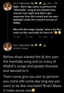 Twitter drags berri tugs for performing Machalla at Davido fans concert 