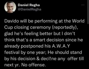 Daniel Regha reacts to Davido Perfomance at World Cup closing ceremony 