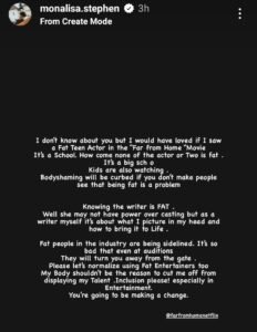 "Stop Putting Up F@t People For Dr@gs", Nollywood Actress, Monalisa Stephen Advices Teni 