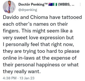 "Stop Trying So Hard To Please Online In-laws, Tattooing Has Several Health Implications Such As HIV......"- Doctor Tells Chioma & Davido 