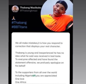 "Ashy Feet", BbTitans Thabang Management Releases Statement, Apologises To His Fans From Other Countries (Details)