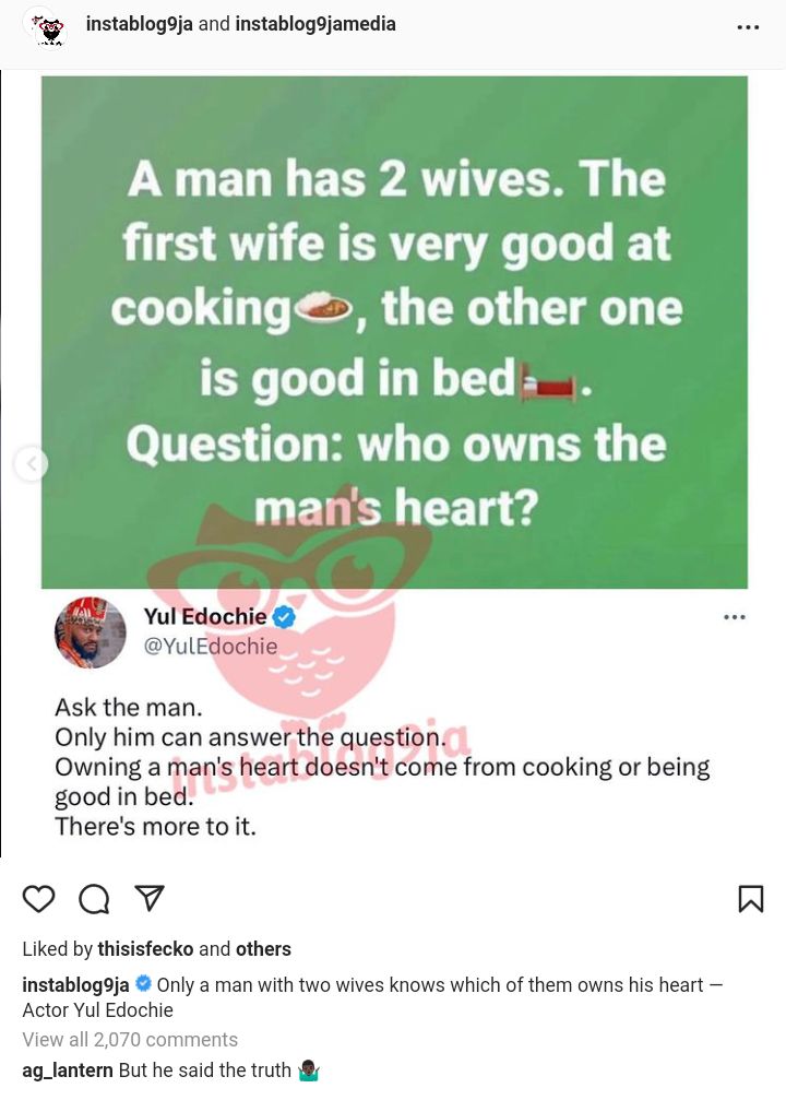 “A man has 2 wives. The first wife is very good at cooking, the other one is good in bed. Question: who owns the man’s heart?”, the fan wrote. Yul responded with, “Ask the man. Only him can answer the question. Owning a man’s heart doesn’t come from cooking or being good in bed. There’s more to it”.