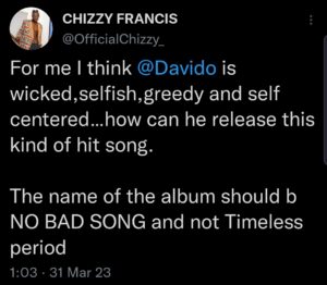Chizzy on Davido album Timeless