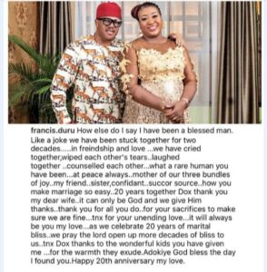Francis Duru and wife Adokiye wedding anniversary