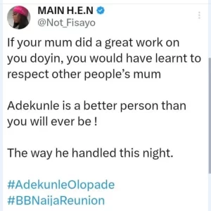 "If Your Mum Did A Great Work On You, You Would Have Learnt To Respect Other People's Mum"- Netizens Dr@g BBN Doyin For Involving Adekunle's Mum In Their Argument (Details)