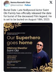 Late Actor Saint Obi's Family Releases Burial Date (DETAIL)