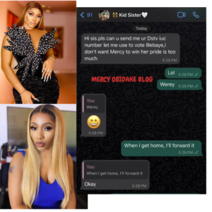 "Mercy Eke Pride Is Too Much...."- Bbn Beatrice Reveals Why Her Kid Sis Is Using Her IUC To Vote Ilebaye, Shares Screenshot Of Chat
