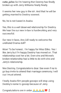 Actress Destiny Etiko Allegedly Breaks Up With Jerry Williams, Set To Marry New Lover, Blogger Reveals 