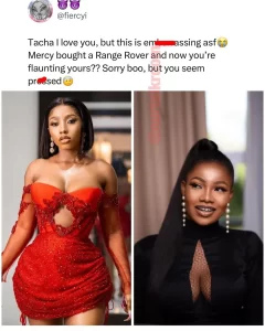  "You Are Embarrasing Me"- Fan Tells Tacha For Showing Off Her Range Rover After Mercy Eke Posted Her Own