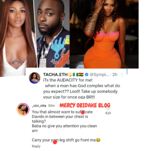  "After Tatooing & Suff0cating Davido In Between Your Chest"- Reactions As Tacha Shades Davido About Beef With Tiwa Savage (DETAIL)