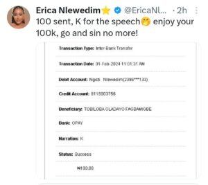 "Go & Sin No More"- Actress Erica rewards a man with a whopping N100 (k) who apologized for tr0lling her