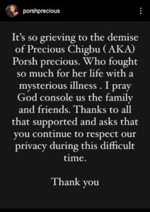 Influencer, Porsh Precious Passes On After Battling With Mysterious Illness