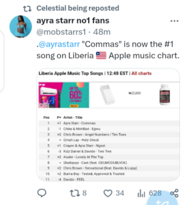 Ayra Starr Comma tops Apple music chart in Liberia 