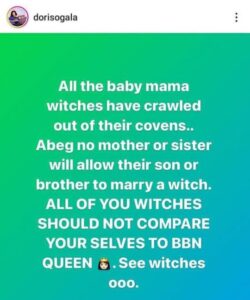 "ALL OF YOU WITCHES SHOULD NOT COMPARE YOURSELVES TO BBN'S QUEEN" - Actress, Doris Ogala Replies Arch-Rival, Uche Elendu Regarding Bbnaija's Queen Mercy's Single Motherhood