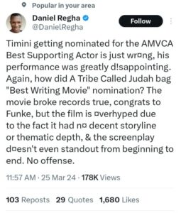 "Timini getting AMVCA nomination is just wrong, his performance was greatly disappointing" - Media critic, Daniel Regha spills, downplays 'A Tribe Called Judah