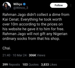 "Poor people don't know business" - Nigerians react to a netizen's claim that twitch streamer, Kai Cenat took 10M worth of items from Nigerian rapper, Rahman Jago's shop for free (VIDEO/REACTIONS)