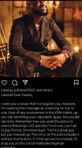 “I have forgiven you but stay clear of any involvement in Very Dark Man matter” Samklef issues stern warning to Davido