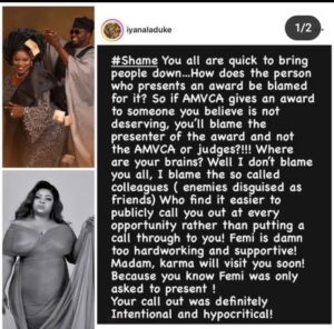 "You are an hypocr!te and ev!l minded" - Femi Adevayo's wife slams actress, Dayo Amusa for calling out her husband after he announced Bobrisky as best dressed female