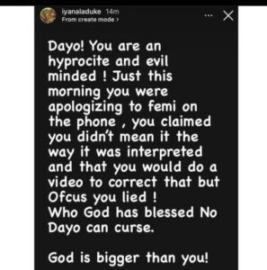 "You are an hypocr!te and ev!l minded" - Femi Adevayo's wife slams actress, Dayo Amusa for calling out her husband after he announced Bobrisky as best dressed female