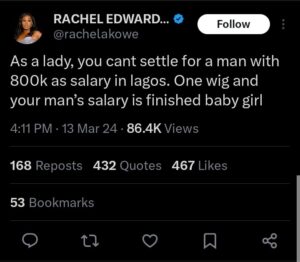 Why You Shouldn't Settle Down With A Man Who Earns 800k As Salary - Bbnaija's Rachel Edwards, Tells Her Gender
