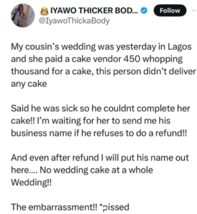 Cake vendor failed lady on wedding day