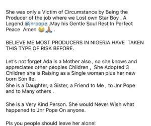 Nollywood actress, Uche Ogbodo has penned a lengthy note in defense of her friend and colleague, Adanma Luke, whose movie production saw the untimely death of Junior Pope and 4 other persons.