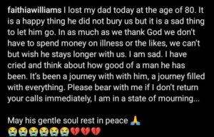 Nollywood Actress, Faithia Williams Loses Dad (DETAILS)