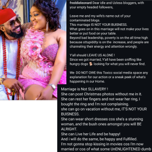
"Leave Us Alone! We Do Not Owe You An Explanation For Our Actions In Our Marriage!!!" – Frederick Leonard Slams Trolls Dragging Wife Over Christmas Photos