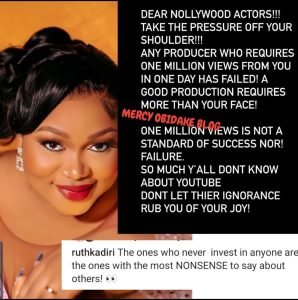 "One Million Views On YouTube Is Not A Standard For Sucess Or Failure" - Actress/Filmmaker, Ruth Kadiri Says As She Encourages Actors Not To Allow Producers Pressure Them (DETAIL)