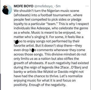 "Afrobeat Is Bigger Than One Person, Do Not Pledge Allegiance To Just One Artist" - Mofe Boyo Urges Music Lovers