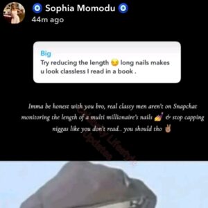 "Real classy men are not on Snapchat monitoring the length of a multi-millionaire's nails" - Sophia Momodu Replies Troll Who Came For Her Nails