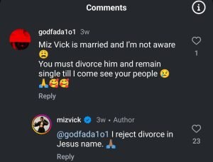“I Reject Divorce In Jesus Name” – Basketmouth’s New Wife, Miz Vick Declares After Follower's Comment