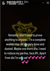 "All surgery done, I am a complete woman now" - Bobrisky Boasts