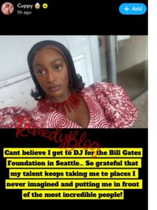 "So grateful that my talent keeps taking me to places I never imagined" - DJ Cuppy Full Of Appreciation As She Gets Invited To DJ For Bill Gates Foundation In Seattle